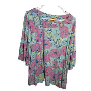 Ruby Rd Blouse Women's Petite Large Floral 3/4 Sleeve Round Neck Boho Casual Top